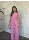 Omuz düğmeli önü üçgen kesim takım pembe