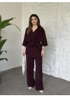 Trenç görünümlü belinden kuşaklı tivil takım bordo