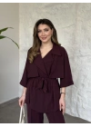 Trenç görünümlü belinden kuşaklı tivil takım bordo