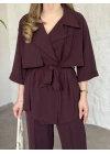 Trenç görünümlü belinden kuşaklı tivil takım bordo