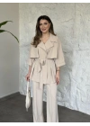 Trenç görünümlü belinden kuşaklı tivil takım krem