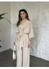 Trenç görünümlü belinden kuşaklı tivil takım krem