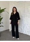 Trenç görünümlü belinden kuşaklı tivil takım siyah