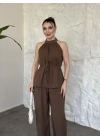 Halter yaka belinden kuşaklı linda takım vizon