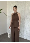 Halter yaka belinden kuşaklı linda takım vizon