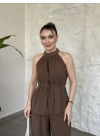 Halter yaka belinden kuşaklı linda takım vizon