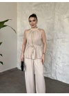 Halter yaka belinden kuşaklı linda takım krem