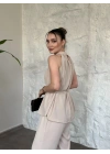 Halter yaka belinden kuşaklı linda takım krem