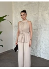 Halter yaka belinden kuşaklı linda takım krem