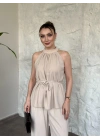 Halter yaka belinden kuşaklı linda takım krem