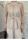 Halter yaka belinden kuşaklı linda takım krem
