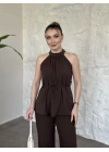 Halter yaka belinden kuşaklı linda takım kahve