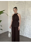 Halter yaka belinden kuşaklı linda takım kahve