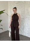 Halter yaka belinden kuşaklı linda takım kahve