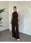 Halter yaka belinden kuşaklı linda takım kahve