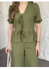 Önden bağlama detaylı gofre kumaş takım yeşil