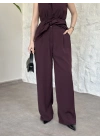 Halter yaka belinden kuşaklı linda takım bordo