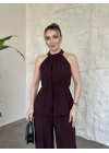 Halter yaka belinden kuşaklı linda takım bordo
