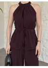 Halter yaka belinden kuşaklı linda takım bordo