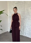 Halter yaka belinden kuşaklı linda takım bordo
