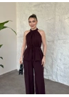 Halter yaka belinden kuşaklı linda takım bordo