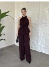 Halter yaka belinden kuşaklı linda takım bordo