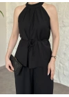 Halter yaka belinden kuşaklı linda takım siyah