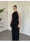 Halter yaka belinden kuşaklı linda takım siyah