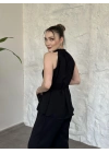 Halter yaka belinden kuşaklı linda takım siyah