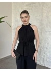 Halter yaka belinden kuşaklı linda takım siyah