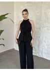Halter yaka belinden kuşaklı linda takım siyah