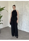 Halter yaka belinden kuşaklı linda takım siyah