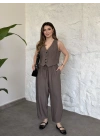 Şalvar pantolon yelekli takım vizon