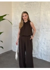 Boyun büzgü ip detaylı takım kahve