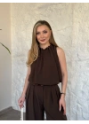 Boyun büzgü ip detaylı takım kahve