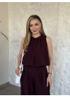 Boyun büzgü ip detaylı takım bordo