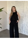 Boyun büzgü ip detaylı takım siyah