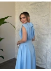 Balıkçı yaka sırtı dekolte bağlamalı drape detaylı elbise bebek mavisi