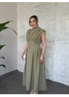 Balıkçı yaka sırtı dekolte bağlamalı drape detaylı elbise haki