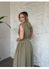 Balıkçı yaka sırtı dekolte bağlamalı drape detaylı elbise haki