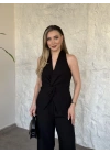 Yandan fermuarlı önü büzgülü keten takım siyah