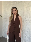 Yandan fermuarlı önü büzgülü keten takım kahve