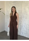 Yandan fermuarlı önü büzgülü keten takım kahve