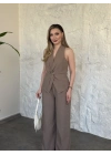Yandan fermuarlı önü büzgülü keten takım vizon