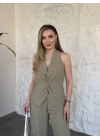 Yandan fermuarlı önü büzgülü keten takım haki