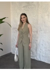 Yandan fermuarlı önü büzgülü keten takım haki