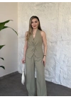 Yandan fermuarlı önü büzgülü keten takım haki