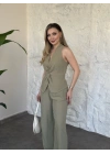 Yandan fermuarlı önü büzgülü keten takım haki