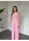 Sırt dekolteli bağlama detaylı takım pembe