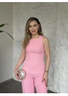 Sırt dekolteli bağlama detaylı takım pembe